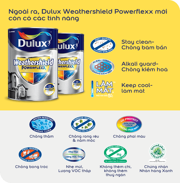 Sơn Dulux WeatherShield Powerflexx GJ8B (Dòng sơn ngoại thất, bề mặt bóng, màu pha, 1 lít)